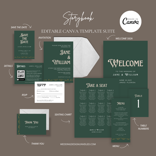 DIGITAL DOWNLOAD - Fairytale Storybook Wedding Invitation Suite - Editable Canva Bundle
