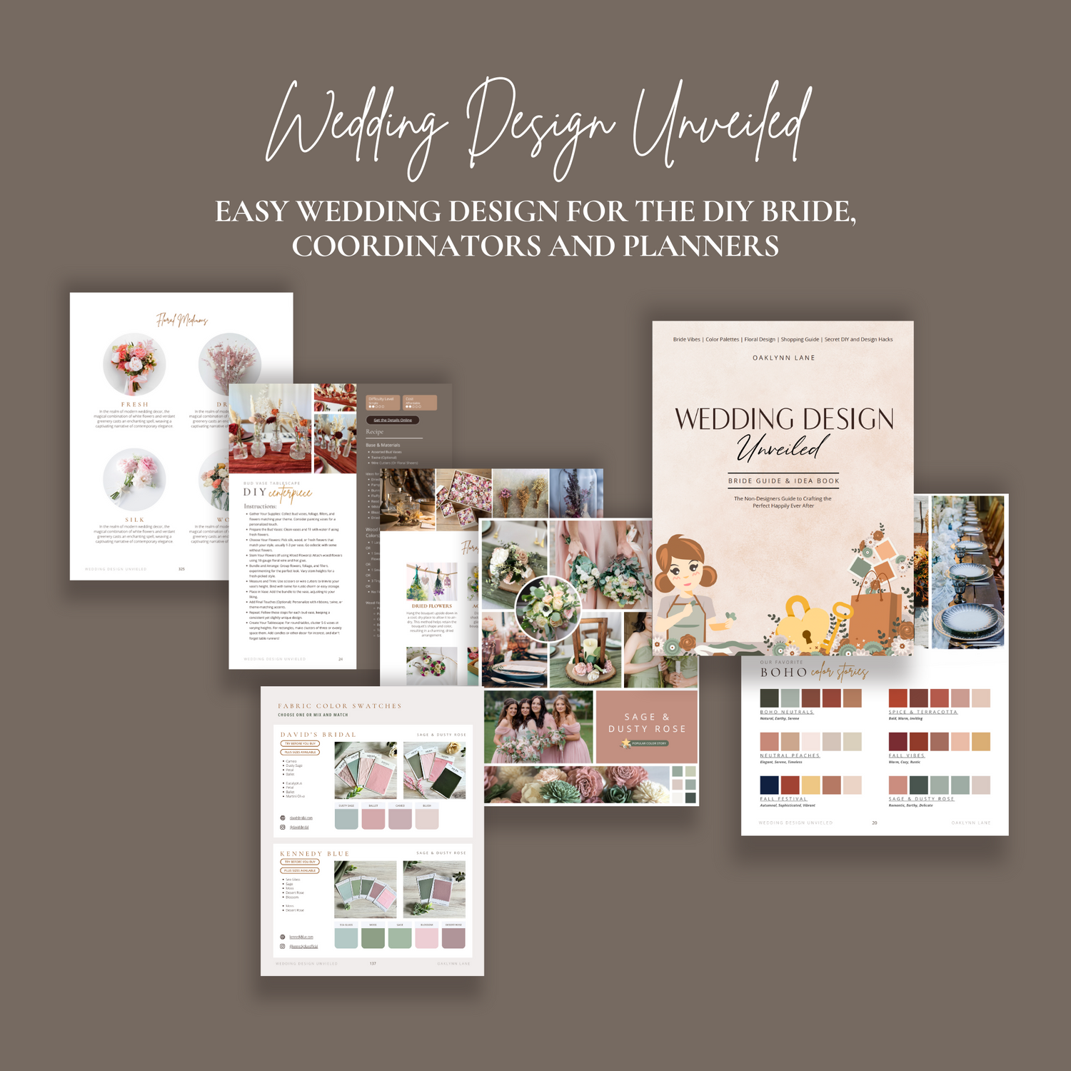 Wedding Design Unveiled image of book snippets including color palettes, swatches, DIY centerpiece instructions and floral mediums