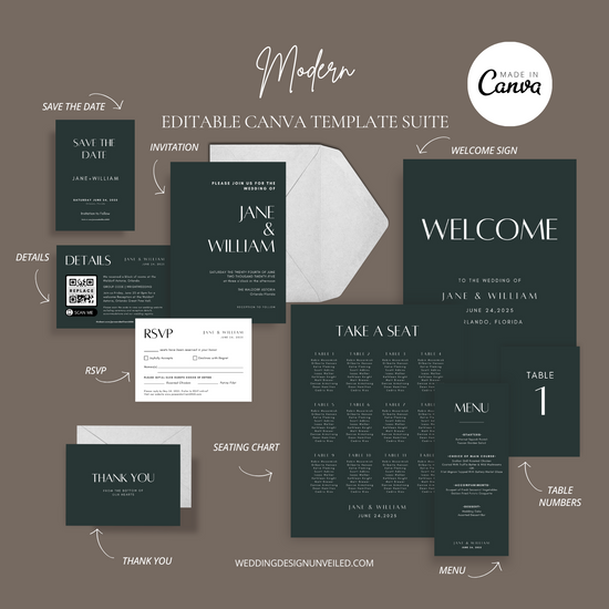 DIGITAL DOWNLOAD - Modern Wedding Invitation Suite - Editable Canva Bundle