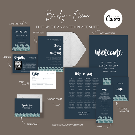 DIGITAL DOWNLOAD - Beach Wedding Ocean Waves Wedding Invitation Suite - Editable Canva Bundle