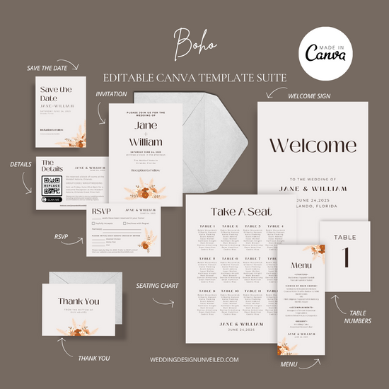 DIGITAL DOWNLOAD - Boho Pampas Grass Wedding Invitation Suite - Editable Canva Bundle