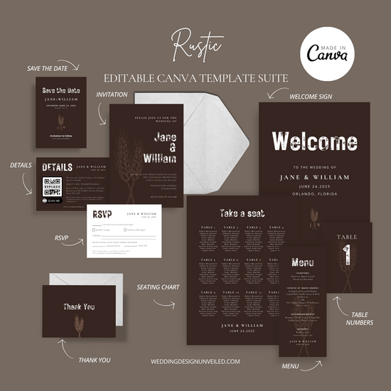 DIGITAL DOWNLOAD - Rustic Wedding Invitation Suite - Editable Canva Bundle