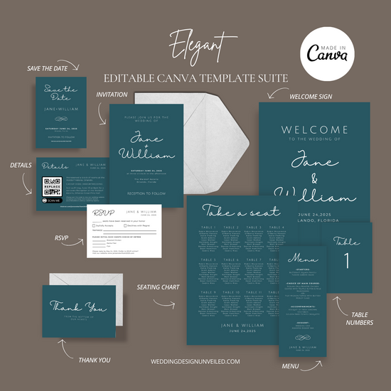 DIGITAL DOWNLOAD - Elegant Wedding Invitation Suite - Editable Canva Bundle