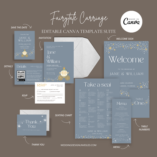 DIGITAL DOWNLOAD - Fairytale Wedding Carriage Invitation Suite - Editable Canva Bundle
