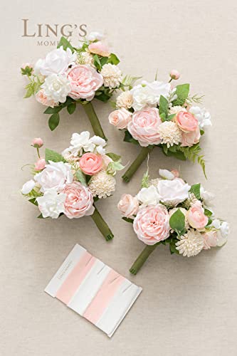 Ling's Moment Garden Blush 7 Inch Artificial Flowers Wedding Bouquet for Bridesmaids,Set of 4, Bouquets for Bride,Wedding Arch Flowers,Bridal Shower,Centerpiece