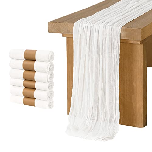 Ling's Moment 6 Pack 10Ft Gauze Sheer Table Runner Cheesecloth Table Runner for Wedding Party Bridal Shower(White, 10ft x 35")
