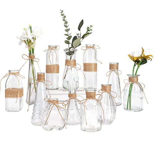 CUCUMI Small Bud Vases for Flowers Set of 12, Mini Clear Glass Vases Bulk for Rustic Wedding Decorations, Vintage Flower Vase with Rope Design for Table Centerpieces Party Home Decor