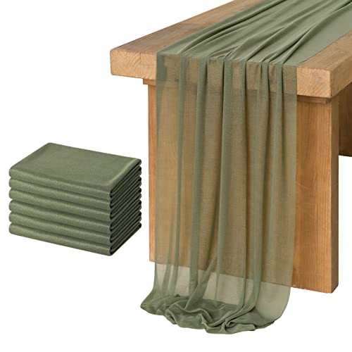 Ling's moment 6-Pack 10ft Sheer Table Runner Chiffon-Like Table Decor for Wedding Rustic Boho Shower Party(Campsite Green, Set of 6)