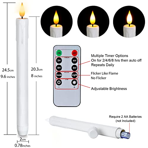 Homemory 12 Pcs Plastic Flameless Taper Candles with Remote Timer Dimmer, White Taper Candles Battery Operated with Flickering Flame Light Lifelike Led Candlesticks for Indoor Decoration 9.6 Inches