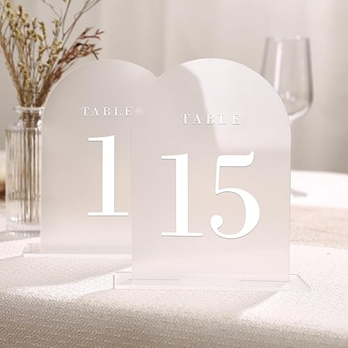 UNIQOOO Frosted Arch Wedding Table Numbers with Stands 1-15, 5x7 Acrylic Signs and Holders, Perfect for Centerpiece, Reception, Decoration, Party, Anniversary, Event