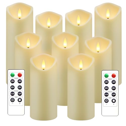 kakoya Flickering Flameless Candles, Battery Operated Acrylic LED Pillar Candles with Remote Control and Timer,Set of 9 (Ivory)