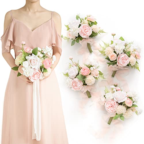 Ling's Moment Garden Blush 7 Inch Artificial Flowers Wedding Bouquet for Bridesmaids,Set of 4, Bouquets for Bride,Wedding Arch Flowers,Bridal Shower,Centerpiece
