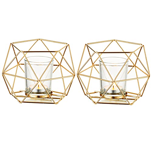 Geometric Candle Tealight Holders Gold - Holder for Tea Light Decorative Votive Candle Stand Accents for Home Table Shelf Mantel Modern Geo Decoration Christmas Wedding Reception Décor, Gold, 2pcs