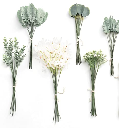 Ling's Moment Artificial Greenery Stems Box Set, 98pcs with 6 Kinds of Faux Greenery Picks for DIY Bridal Bouquets Wedding Floral Arrangement Table Centerpieces, Sage Green & White