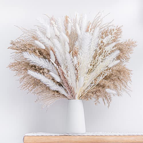 Natural Dried Pampas Grass Bouquet 86PCS + 10PCS Grass ,Boho Home Decor Bouquet, Phragmites Dried Flowers,Bouquet for Wedding Floral Arrangements Home Decorations