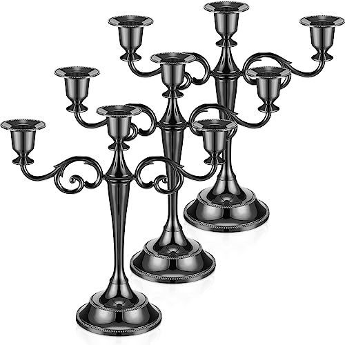 Dandat 3 Pcs Metal Candelabra Candlestick Holders 10.24 Inch Tall Candlestick Holders Gothic Candle Holder for Home Wedding Church Halloween Party (Black,3 Pillar Style)