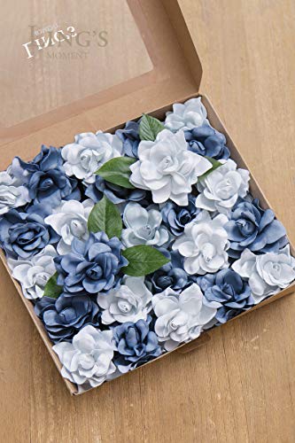 Ling's Moment Flowers 25pcs Fake Gardenia Blue Flowers Artificial Flowers with Stem, Fake Flowers for DIY Wedding Decorations Centerpieces Bouquets Boutonnieres(Flores Artificiales para Decoracion)