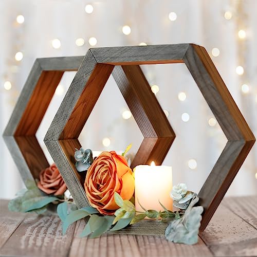 Rustic Hexagon Wedding Lantern Centerpiece - Set of 2 Wooden Candle Holder for Farmhouse Decor and Geometric Terrarium, for Country Barn Weddings
