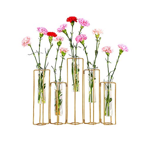 Geometric Vase Gold Hinged Esmiome - Vases for Centerpieces with 5 Test Tubes, Geometric Decor Metal Frame can be Bent, Geometric Vases Wire Propagation Station Plant Holder Modern for Wedding, Home