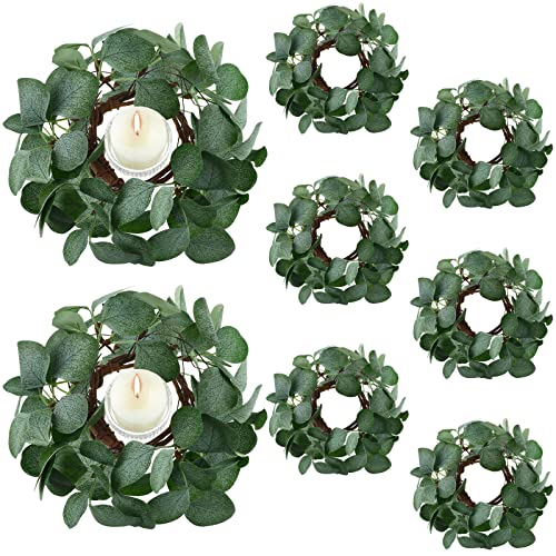 8 Pcs Candle Rings Artificial Eucalyptus Leaves Wreaths Candle Rings Wreaths Greenery Wreath Candle Rings for Pillars Boho Wreath Pillar Candleholders for Wedding Party Home Table Door(Simple Style)