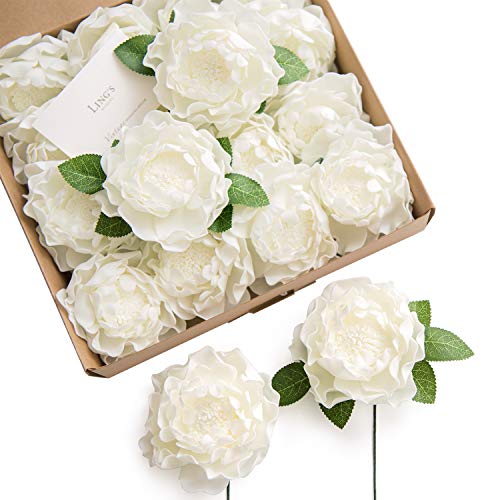 Ling's Moment 16pcs 4" Ivory Blooming Peonies Artificial Peonies Flower Real Looking Fake Peony w/Stem DIY Wedding Bouquet Centerpieces Reception Arrangements Party Baby Shower Home Décor