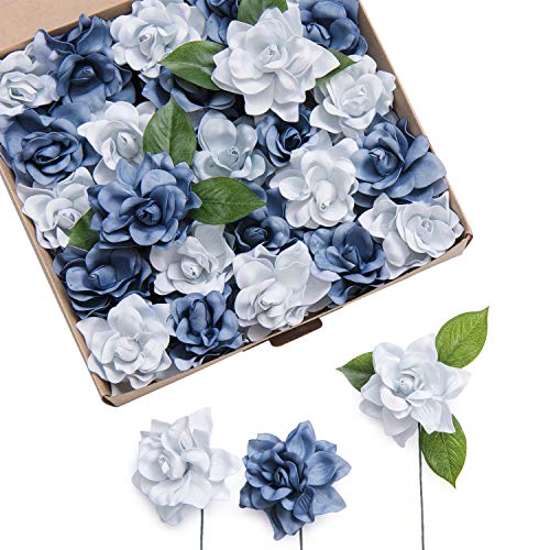 Ling's Moment Flowers 25pcs Fake Gardenia Blue Flowers Artificial Flowers with Stem, Fake Flowers for DIY Wedding Decorations Centerpieces Bouquets Boutonnieres(Flores Artificiales para Decoracion)