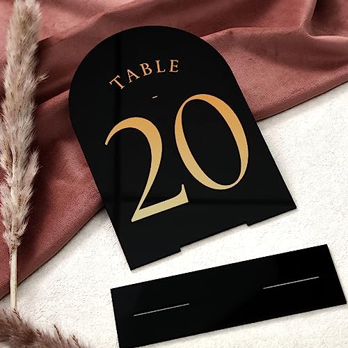 UNIQOOO Black Arch Wedding Table Numbers with Stands 1-15, Gold Foil Printed 5x7 Acrylic Signs and Holders, Perfect for Centerpiece, Reception, Decoration, Party, Anniversary, Event