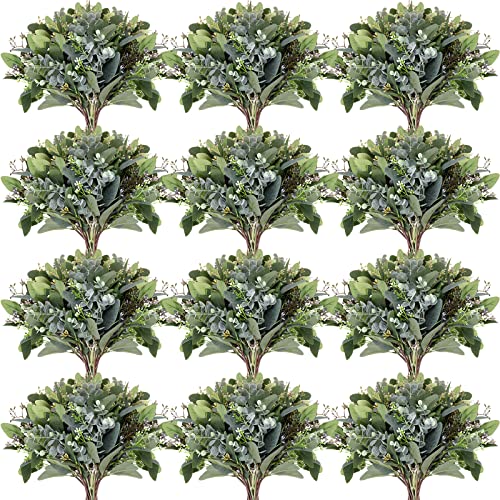 Jexine 60 Pcs Mixed Eucalyptus Leaves Stems Bulk with White Seeds Artificial Silver Dollar Leaves Sprays Faux Oval Eucalyptus Leaves for Wreath Garland Floral Bouquets Arrangement Wedding Decoration
