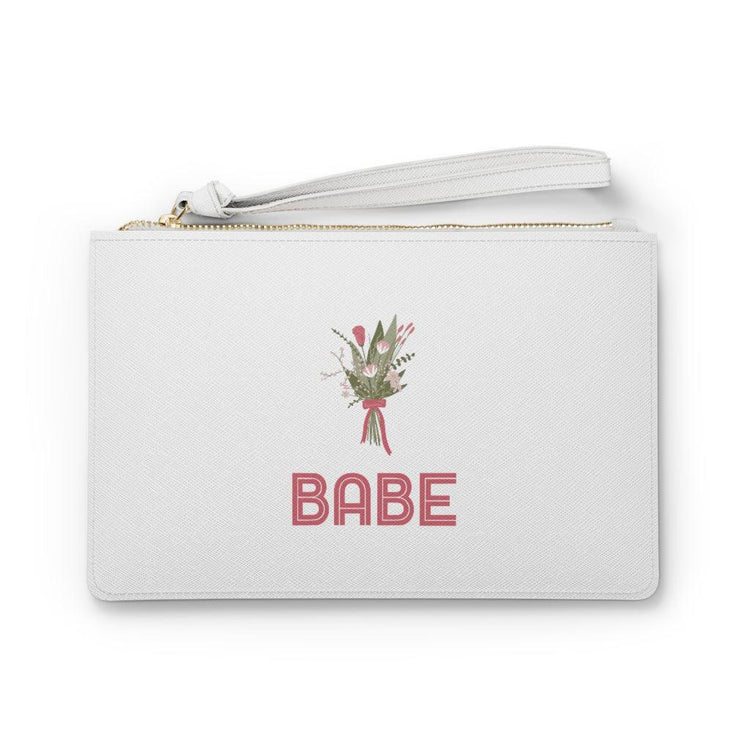 Babe - Bridesmaid Gift Clutch Bag by Oaklynn Lane - White with Pink Floral Design