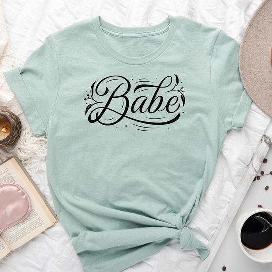 Babe Short-Sleeve Tee - Bach Weekend and Bridal Proposal Box Shirt - Plus Sizes Available! by Oaklynn Lane - Heather Dusty Seafoam Blue