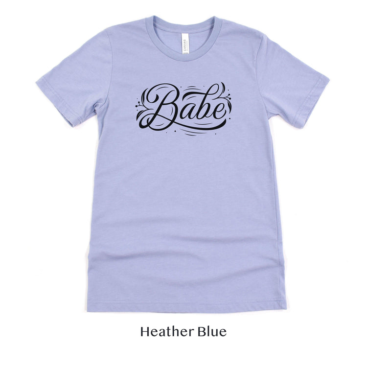 Babe Short-Sleeve Tee - Bach Weekend and Bridal Proposal Box Shirt - Plus Sizes Available! by Oaklynn Lane - Heather blue tshirt
