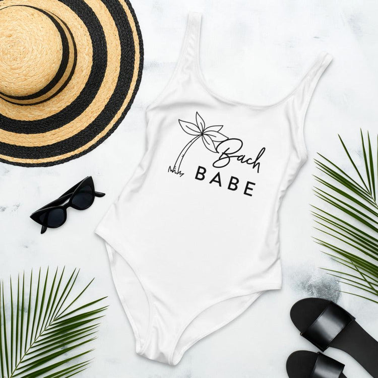 Bach Babe Bachelorette Beachwear One-Piece Swimsuit - Plus Sizes Available! by Oaklynn Lane - white suit with bach babe design