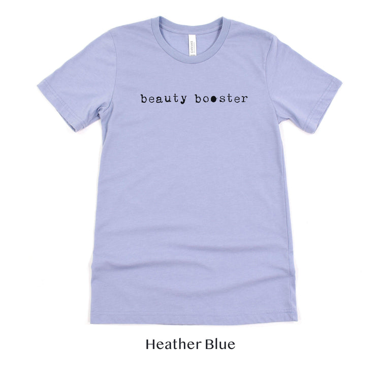 Beauty Booster - Hair and Makeup Artist shirt - HMUA Short-sleeve Tee by Oaklynn Lane - heather blue shirt