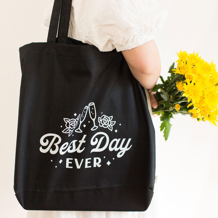 Best Day Ever! Large Canvas Bridal Tote Bag by Oaklynn Lane - Black tote girl holding it with flowers