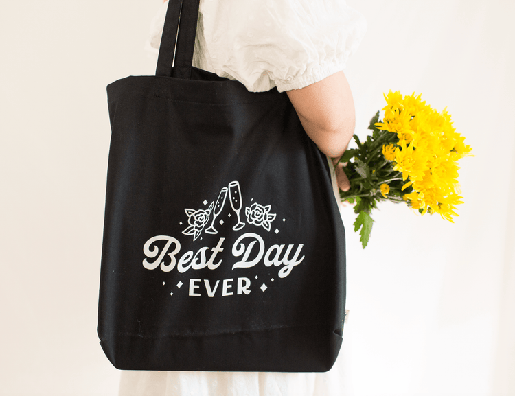 Best Day Ever! Large Canvas Bridal Tote Bag by Oaklynn Lane - Girl Carrying black tote