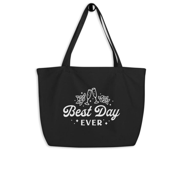Best Day Ever! Large Canvas Bridal Tote Bag by Oaklynn Lane - black tote hanging up
