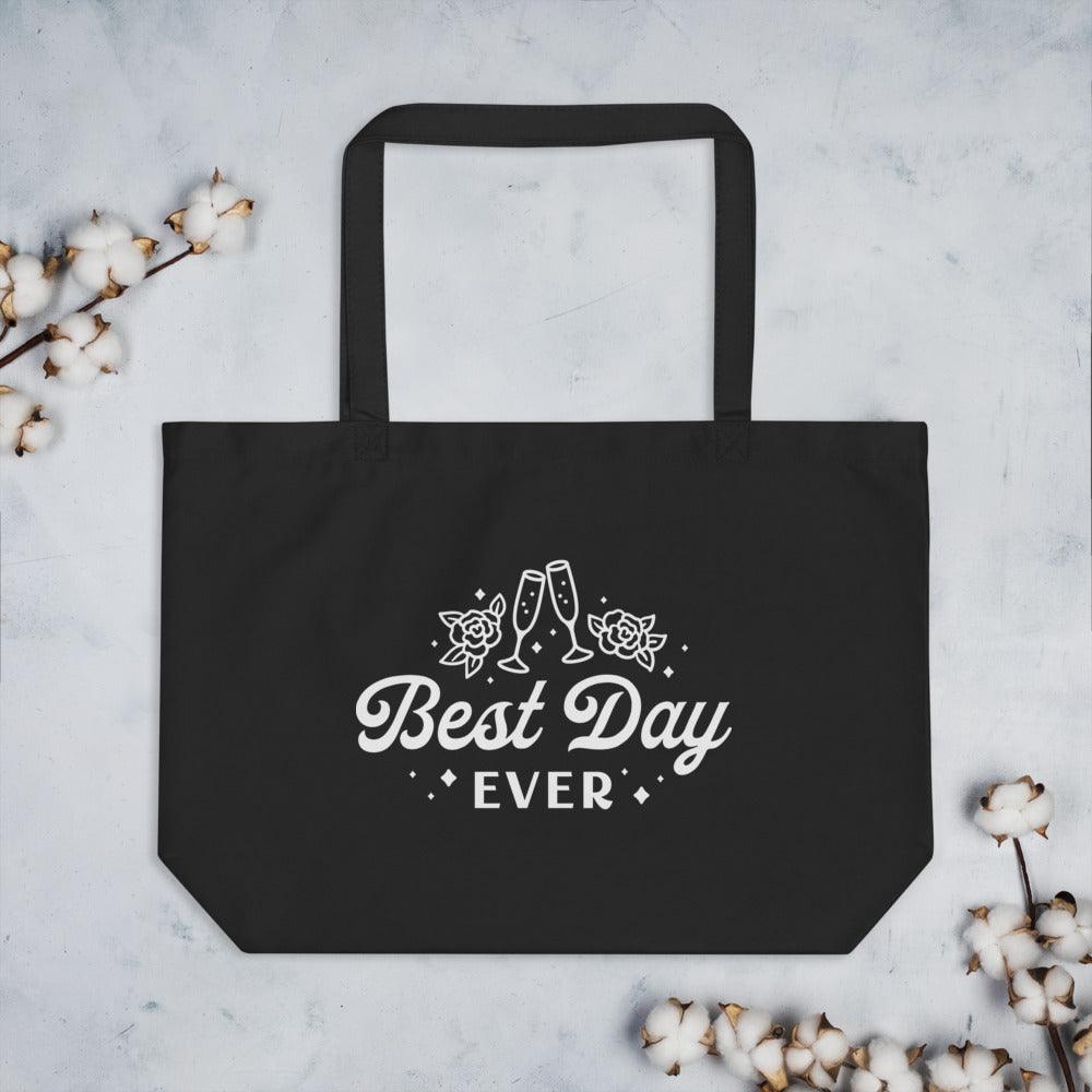Best Day Ever! Large Canvas Bridal Tote Bag by Oaklynn Lane - black tote with cotton flatlay