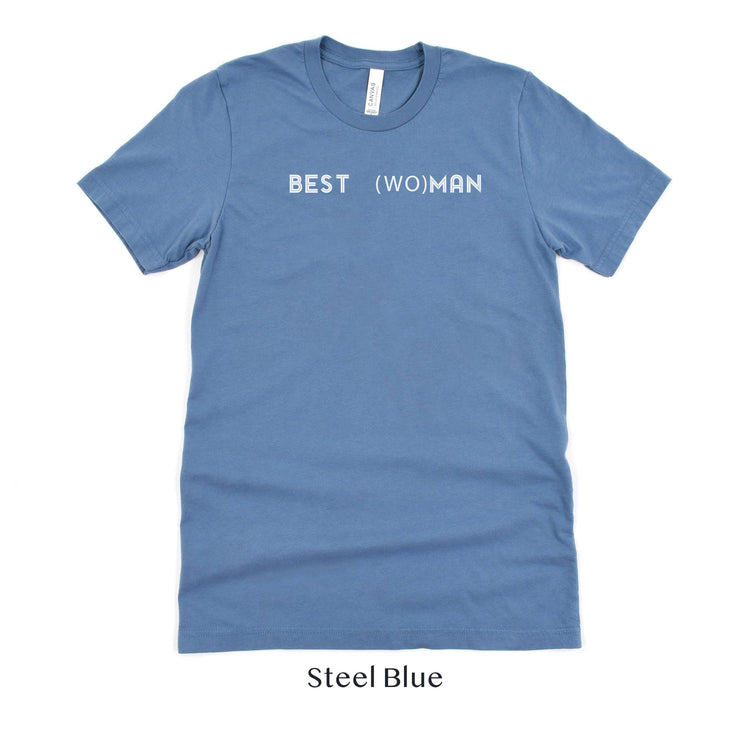 Best Woman Shirt - Matching Wedding Party tshirts - Unisex t-shirt by Oaklynn Lane - steel blue retro bridesmaid shirt