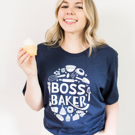 Boss Baker Wedding Cake Short-sleeve Tshirt by Oaklynn Lane in Navy Blue