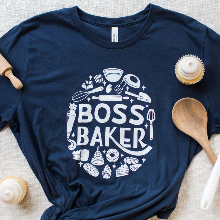 Boss Baker Wedding Cake Short-sleeve Tshirt by Oaklynn Lane - In navy blue