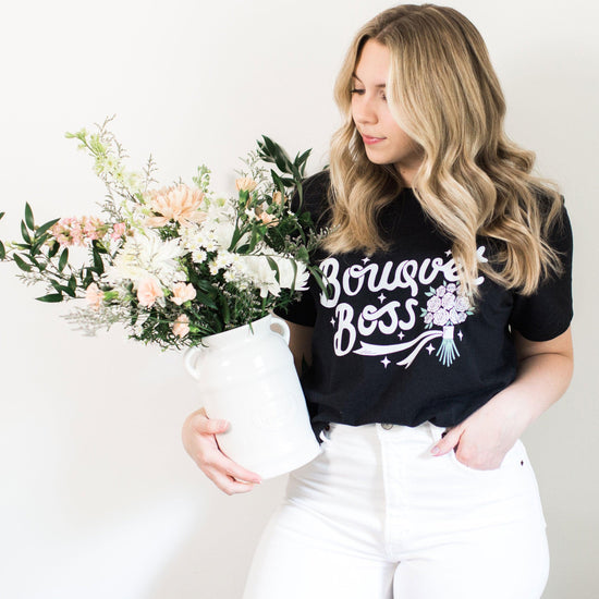 Bouquet Boss Floral Designer Short-sleeve Tshirt by Oaklynn Lane - Florist Holding Bouquet wearing black shirt