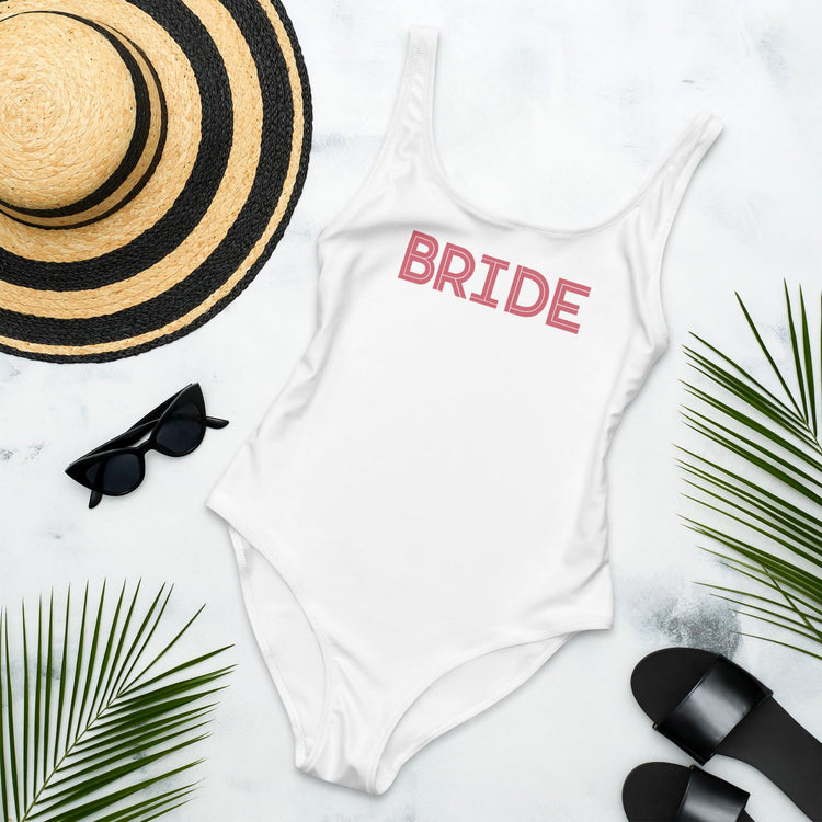 Bride Bachelorette Party One-Piece Swimsuit - Honeymoon by Oaklynn Lane - White with Pink Text
