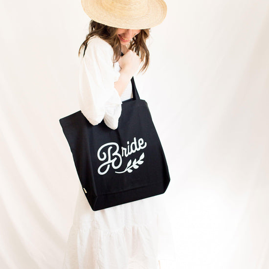 Bride Large Wedding Canvas Tote Bag by Oaklynn Lane - Black Bag