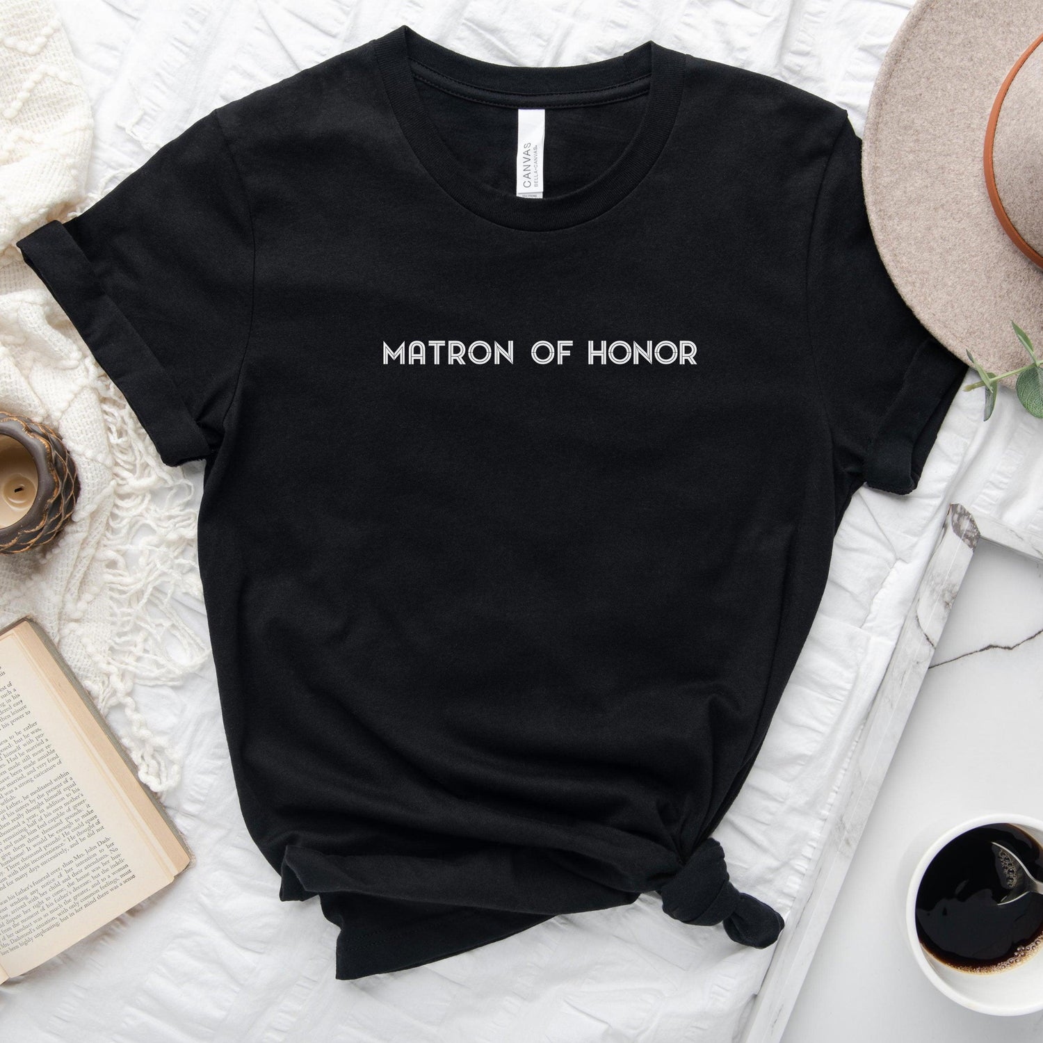 Matron of Honor Wedding Tshirt - Gift for MOH - Bridesmaid Retro Proposal Box Graphic Tee by Oaklynn Lane