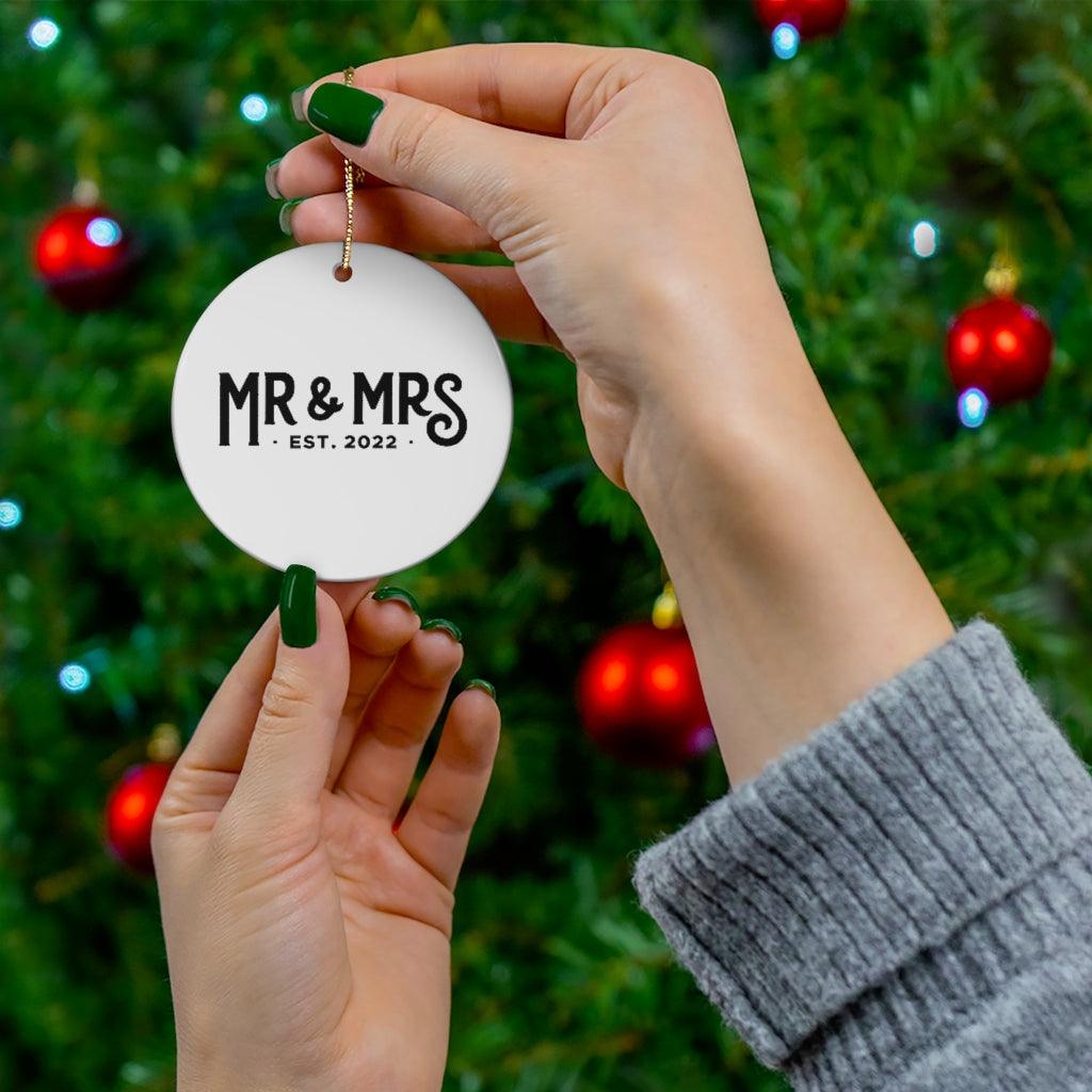 Mr and Mrs Est 2022 First Year Together Anniversary Ceramic Ornament - Heart, Snowflake or Circle - Porcelain by Oaklynn Lane