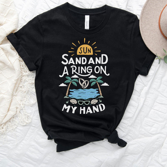 Sun, Sand and a Ring on My Hand - Beach Getaway Honeymoon Minimoon Short-sleeve tshirt - by Oaklynn Lane
