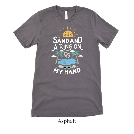 Sun, Sand and a Ring on My Hand - Beach Getaway Honeymoon Minimoon Short-sleeve tshirt - by Oaklynn Lane