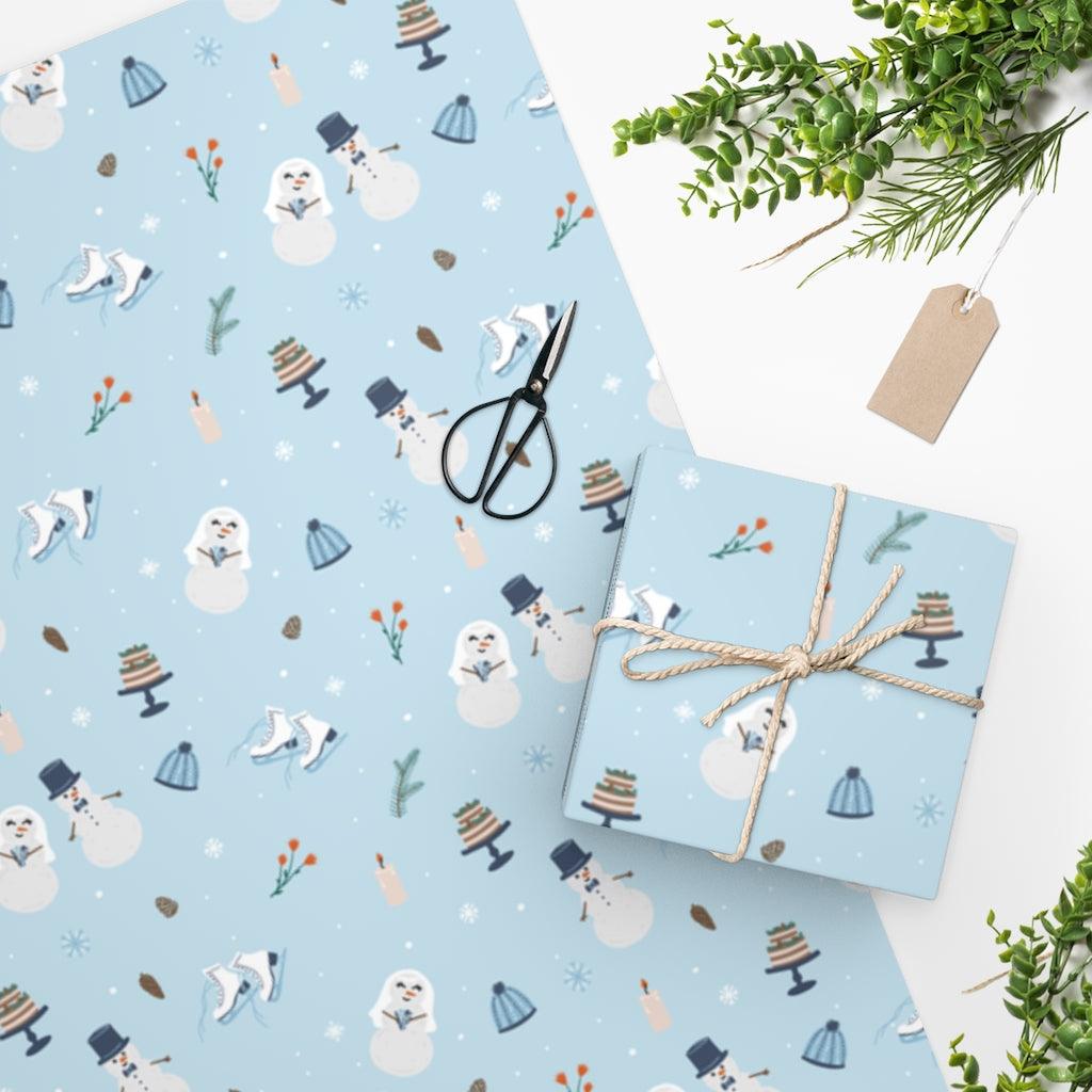 Winter Wedding - Snowman Bride and Groom Gift Wrapping Paper by Oaklynn Lane